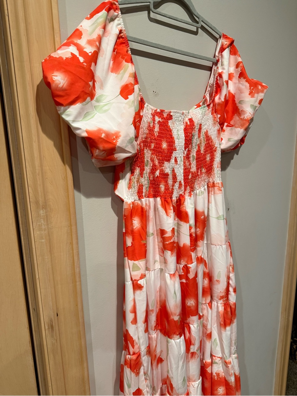 Orange Floral With Green Accent Puff-Sleeve Midi Dress - Picture 7 of 7